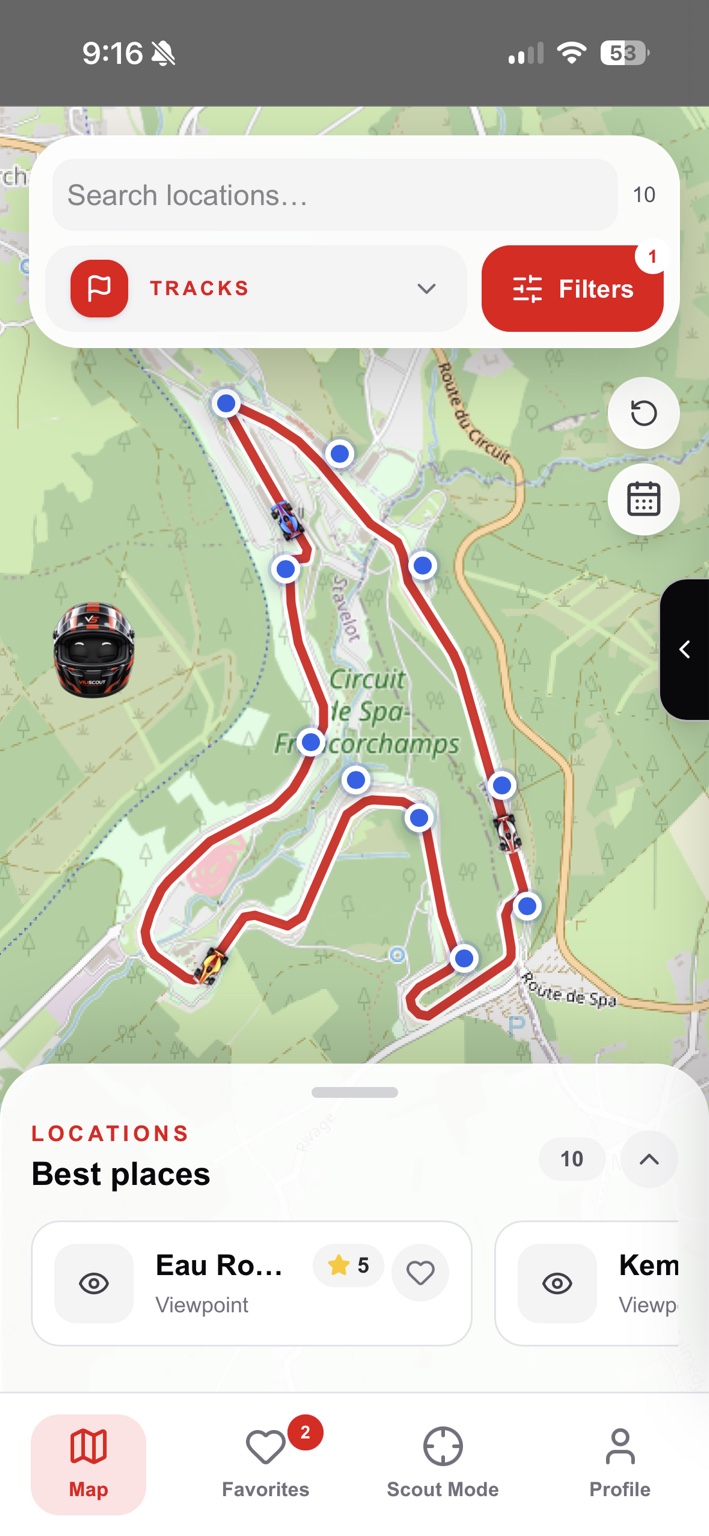 Mapa Spa-Francorchamps w ViuScout z punktami widokowymi, filtrami i ulubionymi miejscami