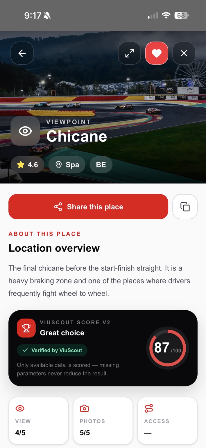 Karta miejsca Chicane w ViuScout ze zdjęciem, opisem, oceną i przyciskiem udostępniania